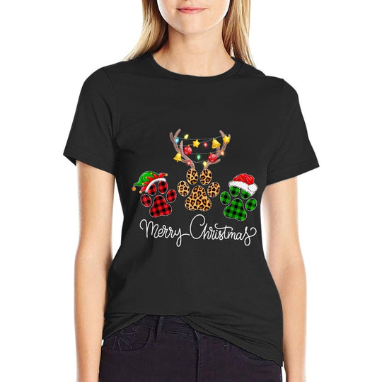 Merry Christmas Dog Paws Lights Buffalo Plaid  Leopard Xmas Men Women Kids  Heathered Texture T-Shirt