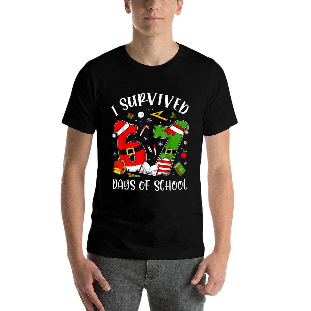 I Survived 67 Days of School Christmas Santa Teacher  Summer-ready Fabric T-Shirt