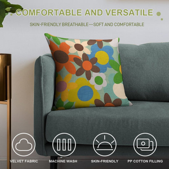 70s Floral Blue Soft Warmth Comfort Throw Pillow