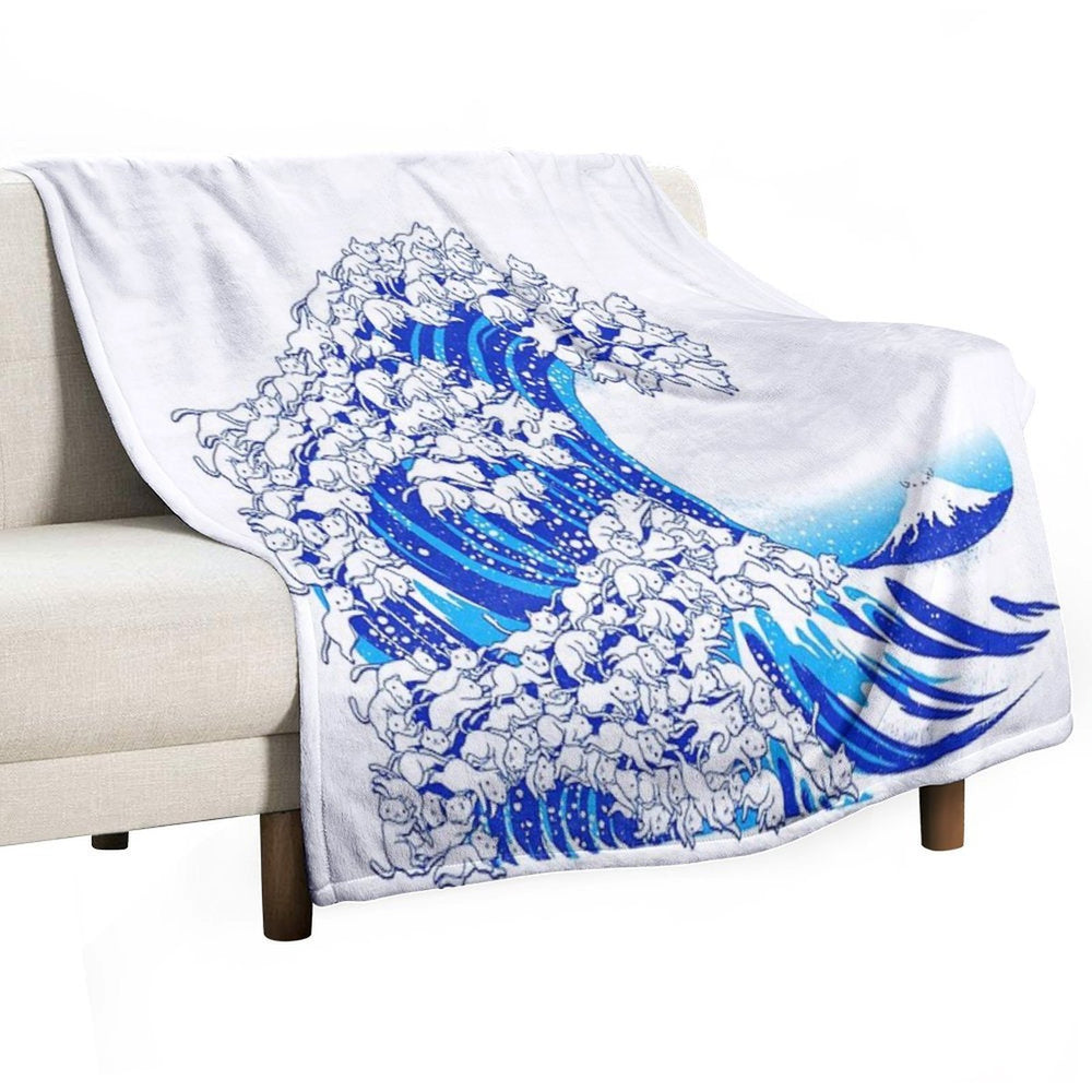 Kanagawa Cat Wave White Machine-washable Throw Blanket