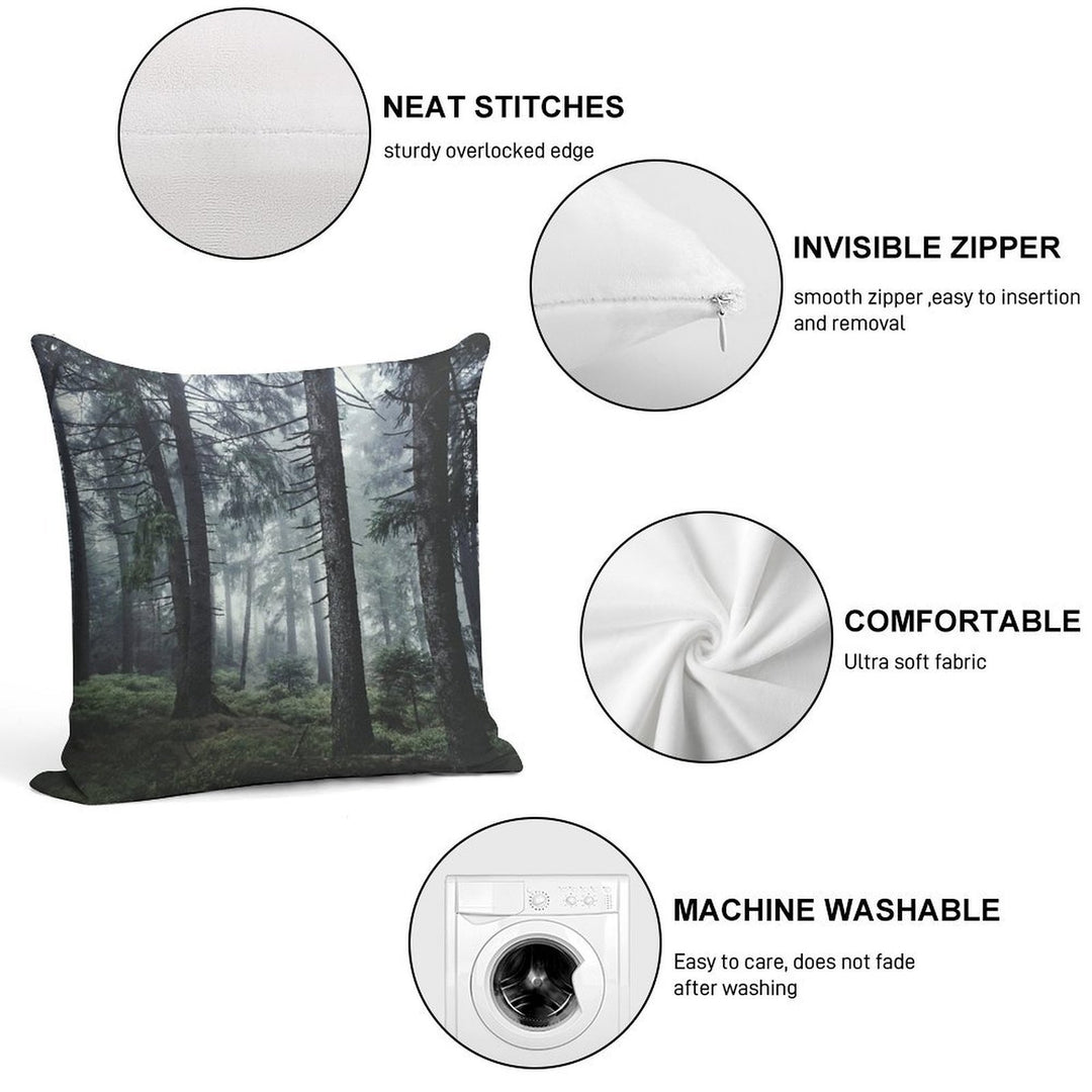 Path Vibes  Wild Romantic Misty Retro Fall Wilderness Fairytale Forest With Cascadia Trees Covered In Magic Blue Fog Season Soft Reinforced Edging Throw Pillow