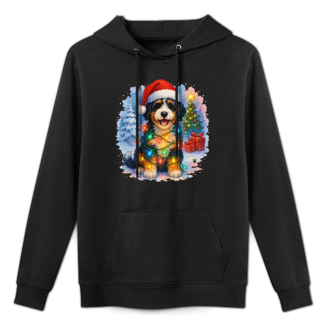 Festive Bernedoodle Dog Santa Hat Christmas Tree Lights Adjustable Hood Hoodie