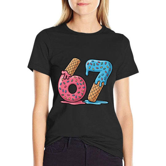 Number 67 Ice Cream Drip Cool Meme Six Seven Gen Alpha Slang  High-quality Stitching T-Shirt