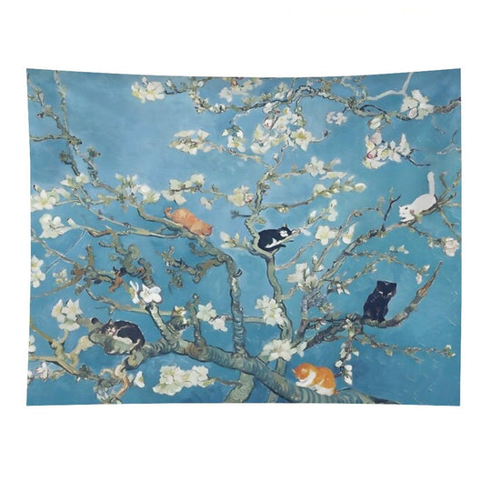 Van Gogh Cute Cats in Almond Blossom Tapestry