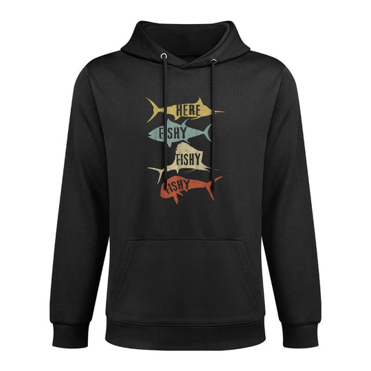 Salt Water Fishing Gift Ideas Funny Vintage Here Fishy-Fishy - Mens Unisex Black Cotton Polyester - Small Layering Staple Hoodie