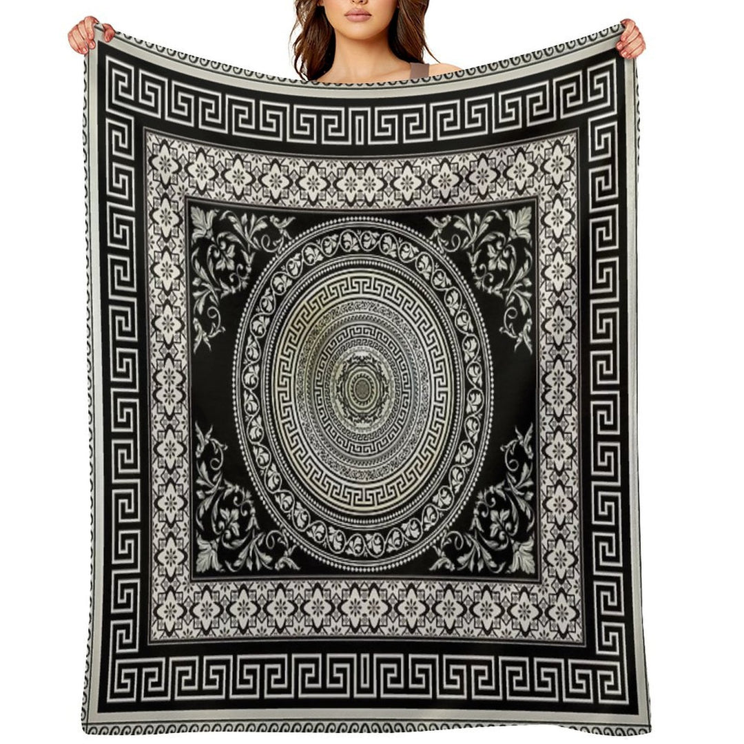 Greek Key Meander Black Cream Ornate Medallion Machine-washable Throw Blanket