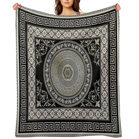Greek Key Meander Black Cream Ornate Medallion Machine-washable Throw Blanket