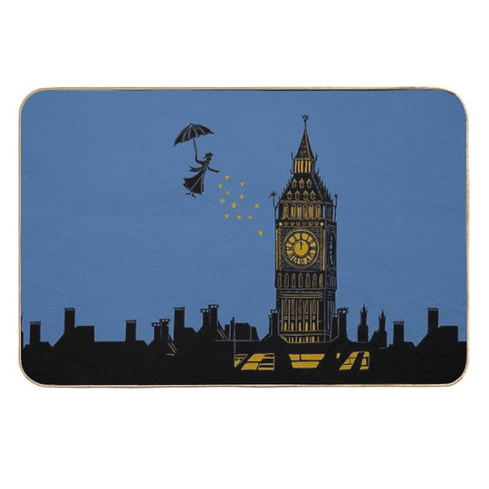 Mary Poppins And Big Ben Linocut Silhouette Print in Black, Blue And Gold  High-Traffic Bath Mat