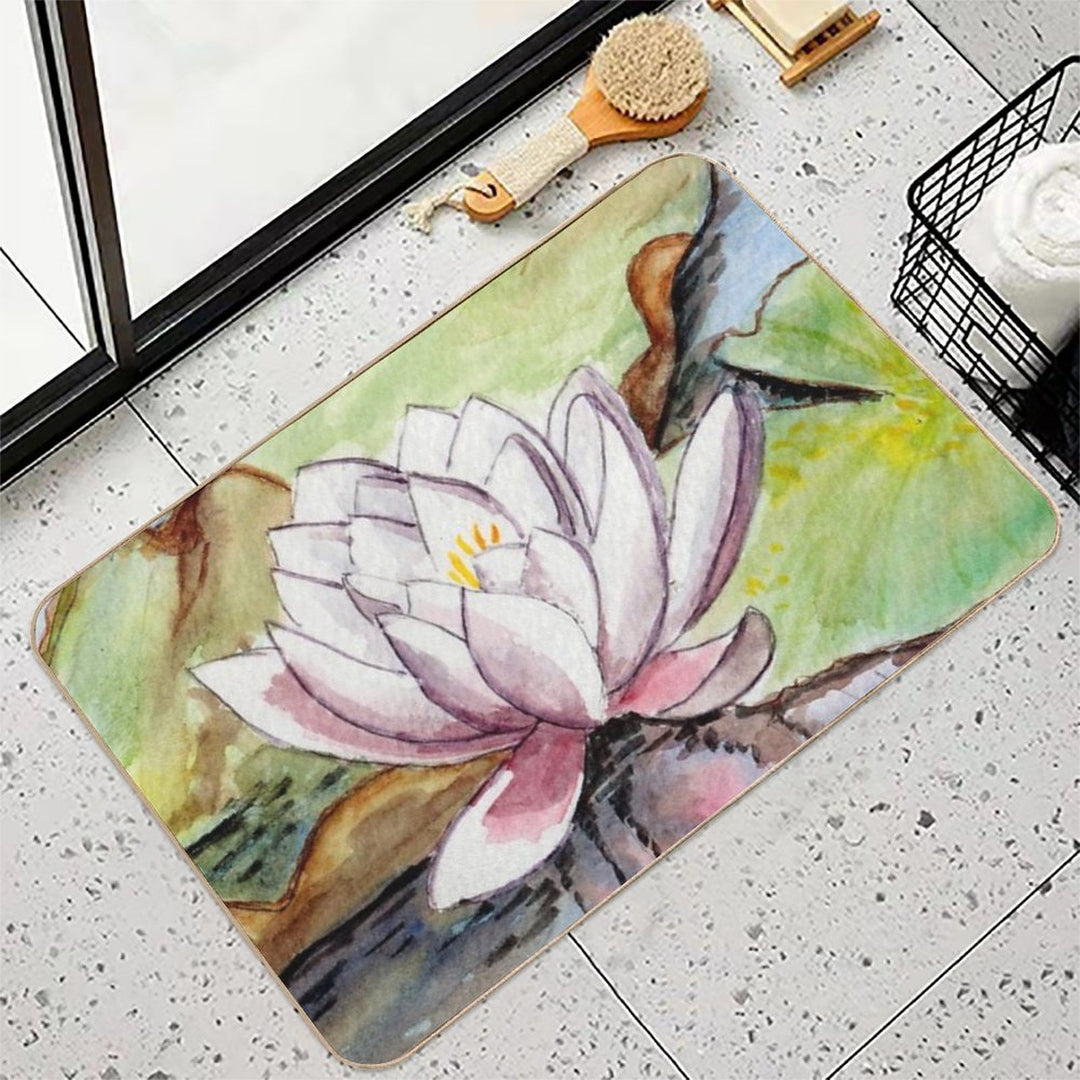 Lotus Oval Watercolor Painting  Easy To Clean Bath Mat