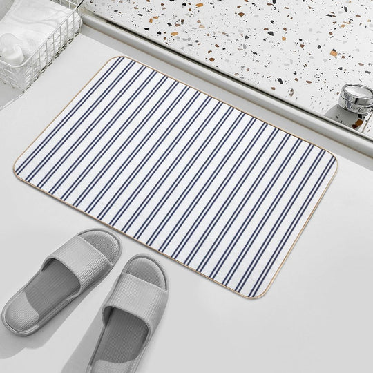 White And Navy Double Stripes  Anti-Trip Bath Mat