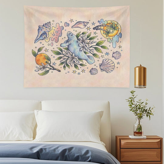 Orange Blossom Manatee  Ocean Tropical Art Tapestry