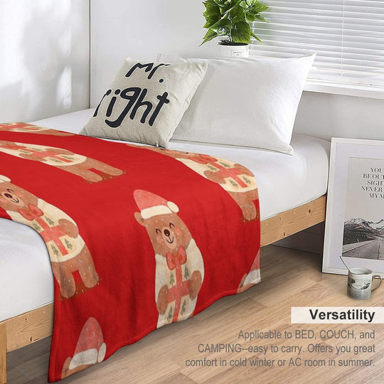 Cute Christmas Bear with Gift – Holiday Winter Illustration Travel-friendly Throw Blanket