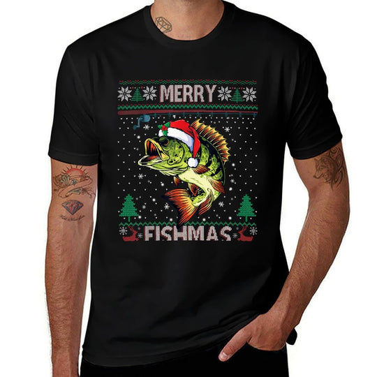 Merry Fishmas Bass Fish Fishing Christmas Ugly Sweater Xmas  Fade-proof Color T-Shirt