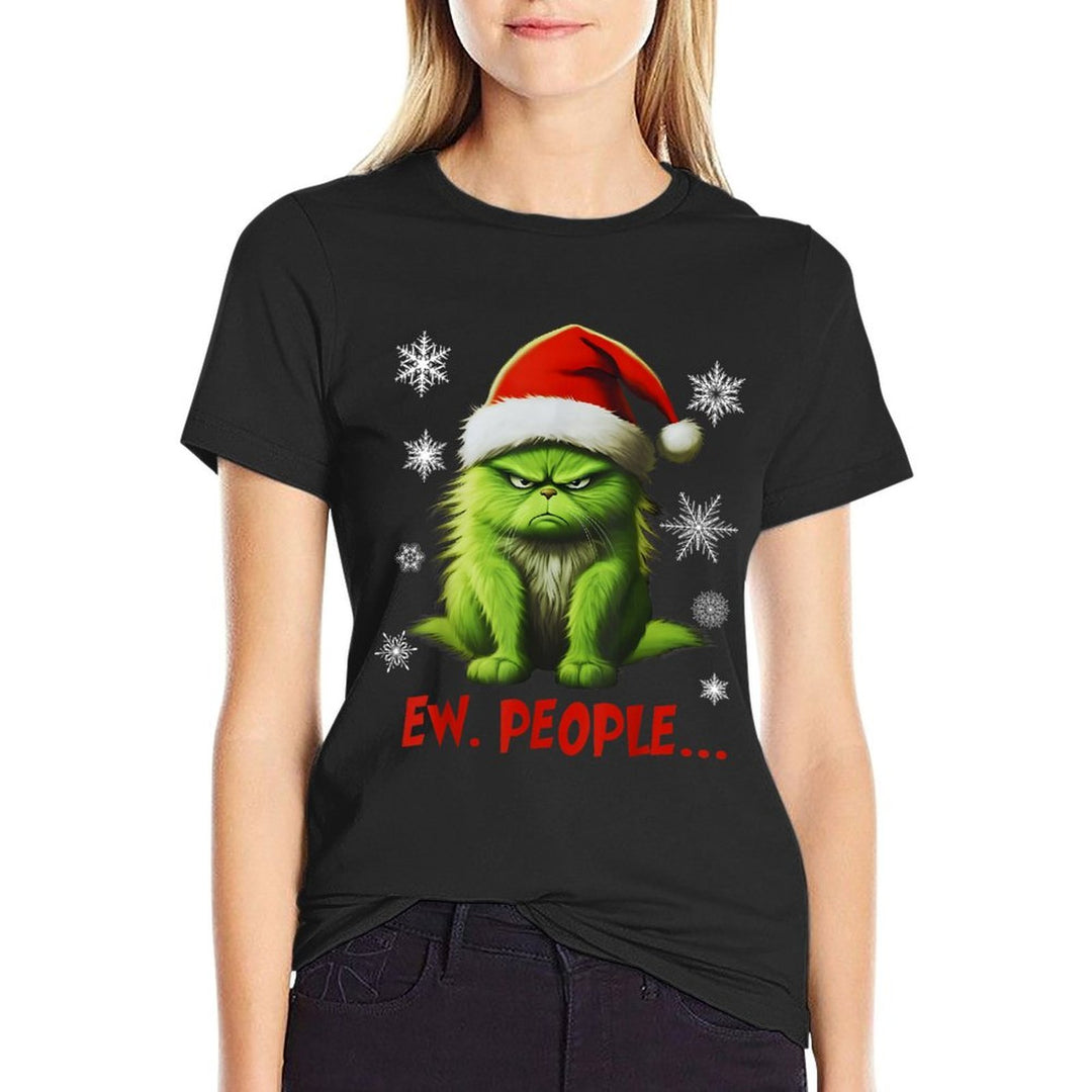 Funny Christmas Cat Ew People Meowy Cat Lovers Santa Hat Y2K  Easy-care T-Shirt