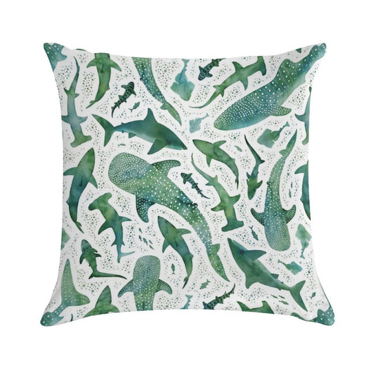 Monochrome Green Watercolour Shark Ocean on White Soft Fade-Resistant Throw Pillow