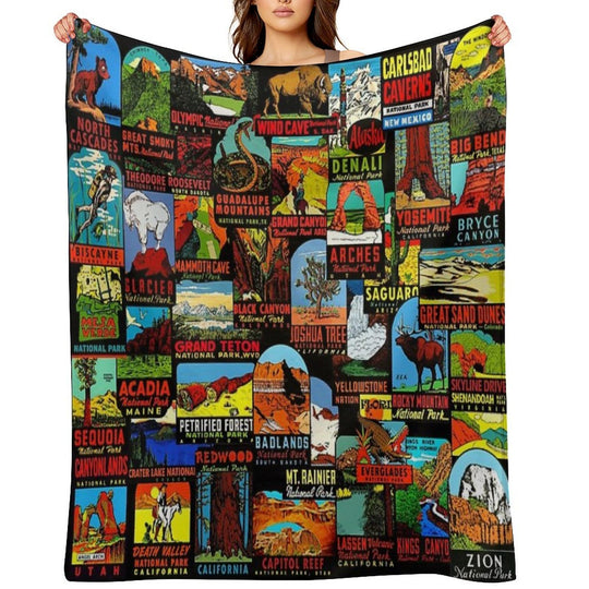 American National Parks Vintage Travel Decal Bomb Versatility Throw Blanket