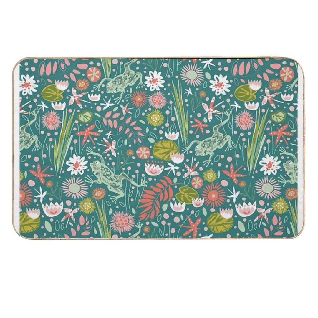 Frog And Dragonfly Floral Design  Easy To Clean Bath Mat