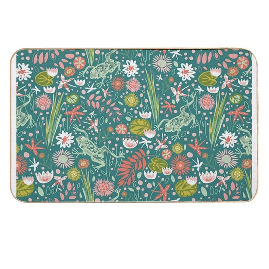 Frog And Dragonfly Floral Design  Easy To Clean Bath Mat