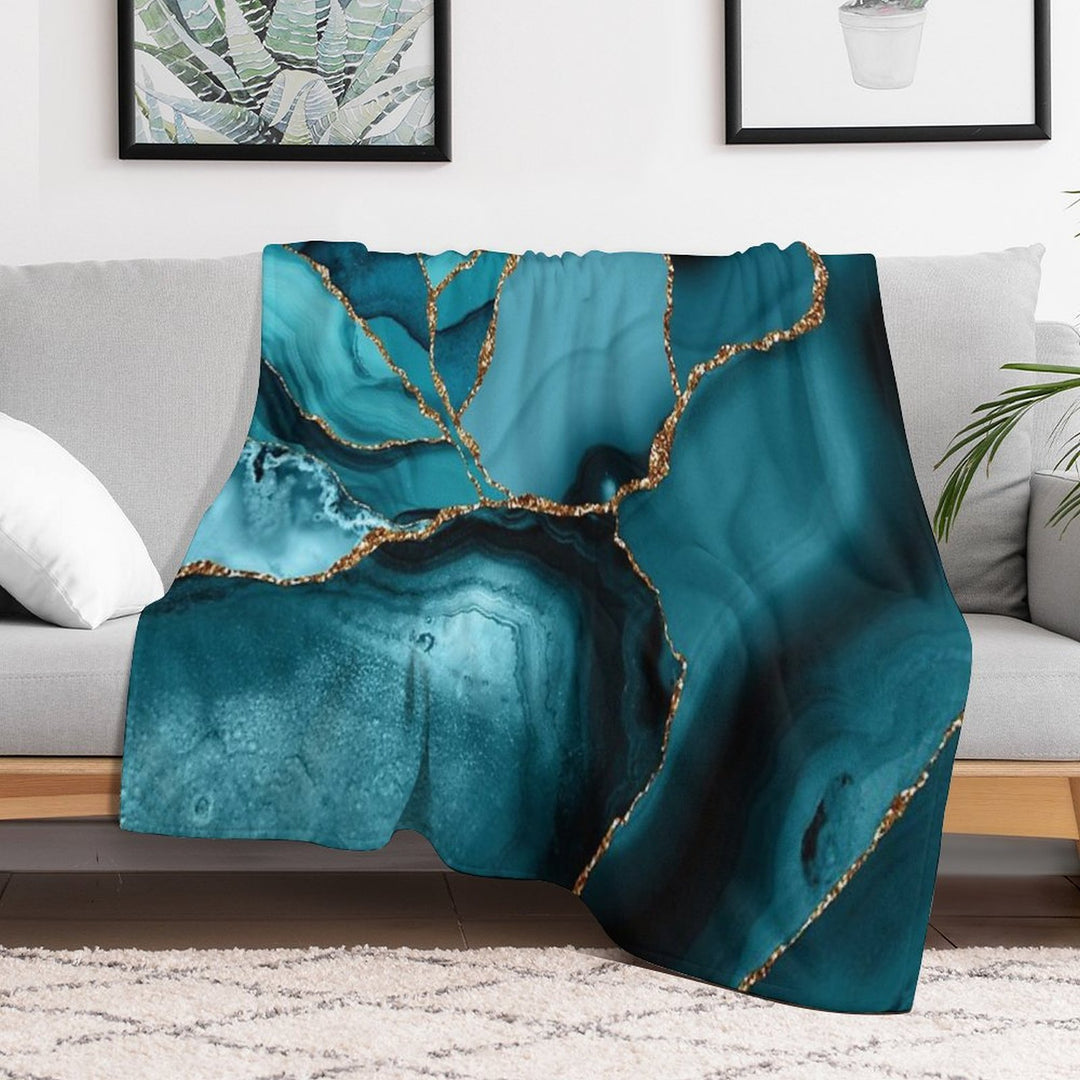 Teal And Gold Faux Marble Landscape Waves Anti-pilling Throw Blanket