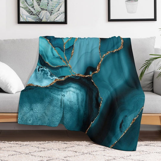 Teal And Gold Faux Marble Landscape Waves Anti-pilling Throw Blanket