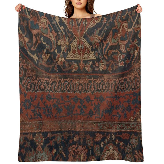 Boho Chic Dark III  17th Century Colorful Medallion Red Blue Green Brown Ornate Accent Rug Pattern Plush Throw Blanket