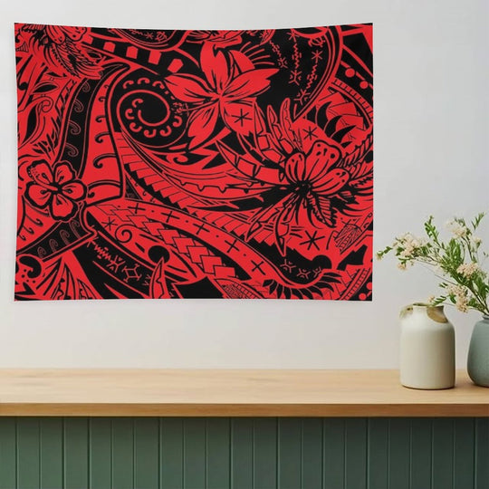 Polynesian Tribal Lava Red Leaf And Floral Print Tapestry