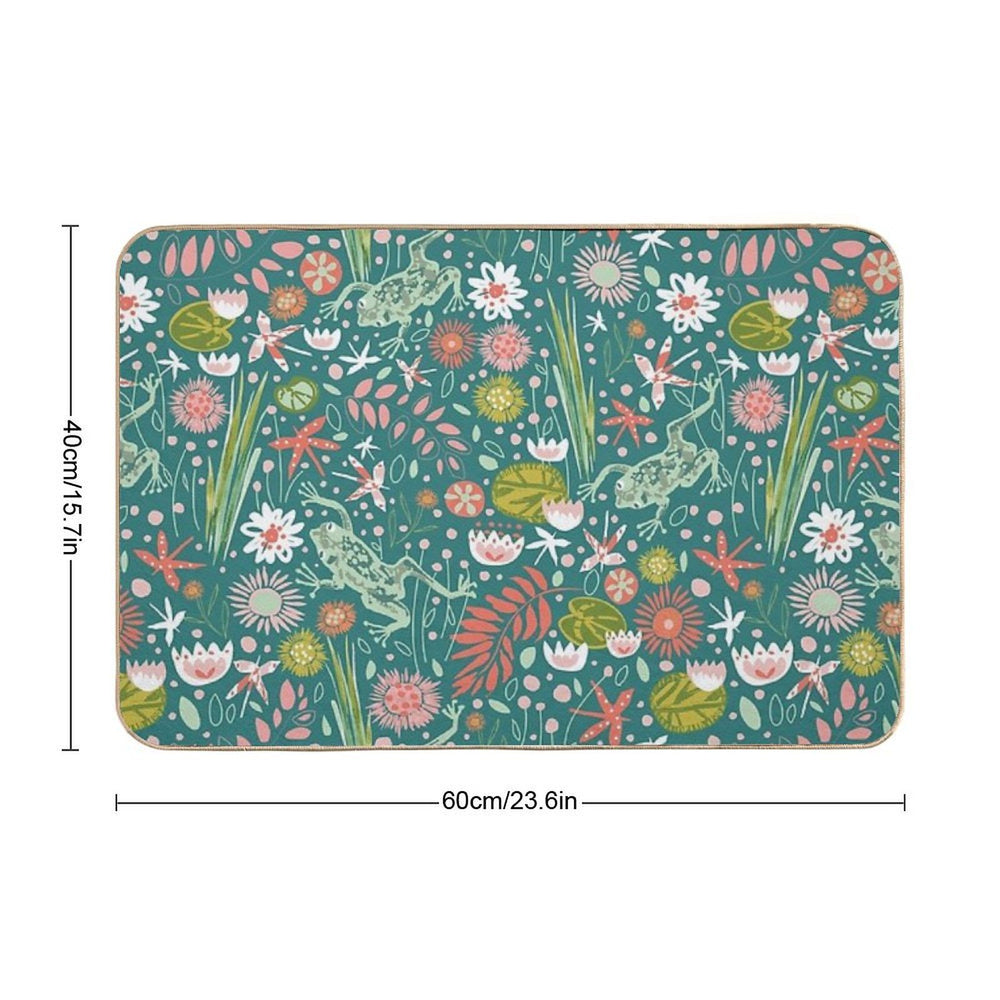 Frog And Dragonfly Floral Design  Easy To Clean Bath Mat