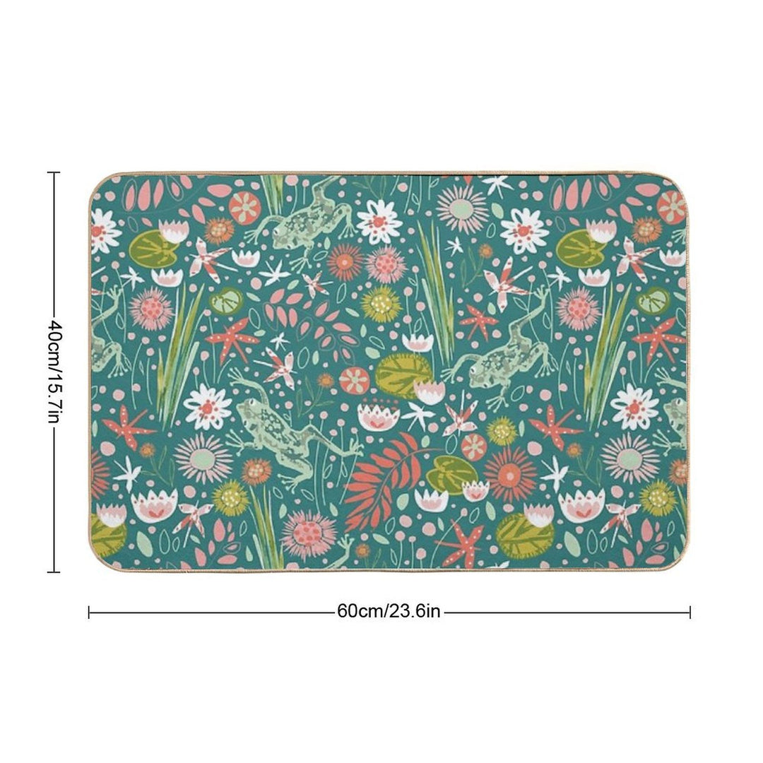 Frog And Dragonfly Floral Design  Easy To Clean Bath Mat