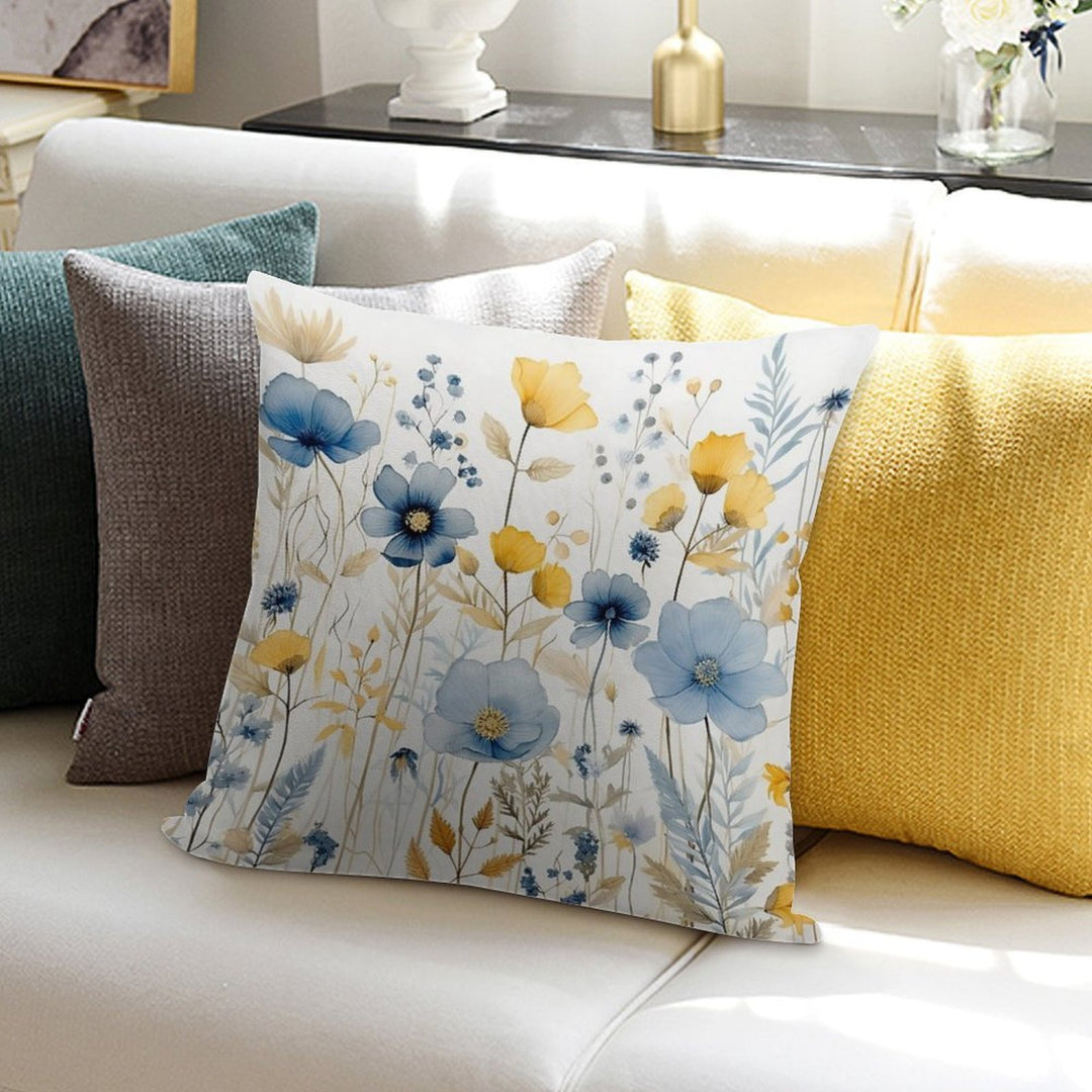 Blue And Yellow Wildflowers, Watercolour  Boho Flowers Soft Shrink-Resistant Throw Pillow