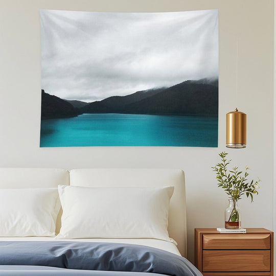 The Waters And The Wild  Vintage Retro Glowing Wilderness Mountain Lake With Cascadia Trees Covered In Fog Tapestry
