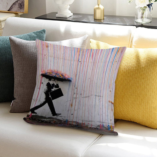 Banksy Umbrella Rainbow Happy Girl Soft Reinforced Edging Throw Pillow
