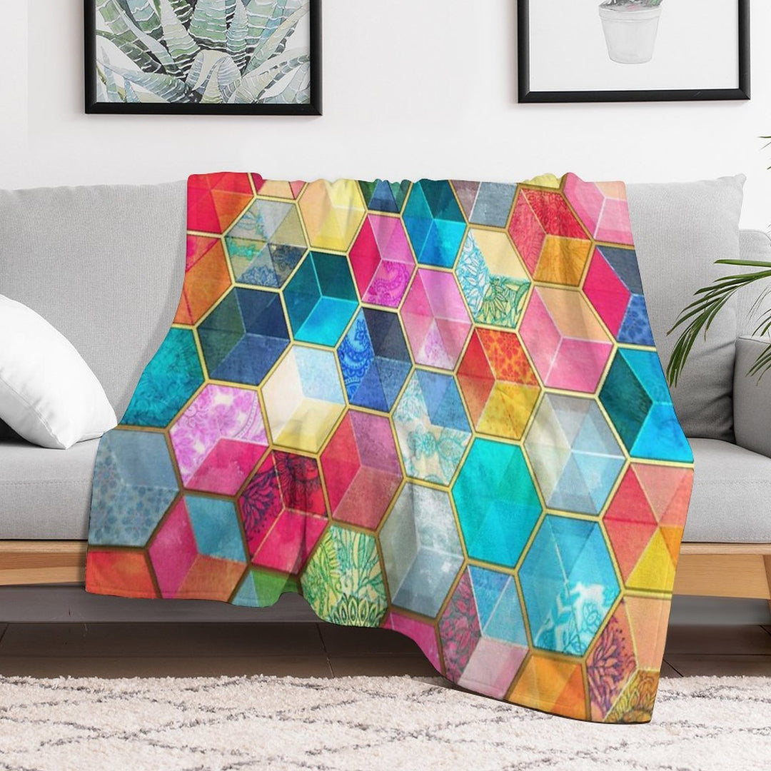 Crystal Bohemian Honeycomb Cubes - Colorful Hexagon Pattern Plush Throw Blanket