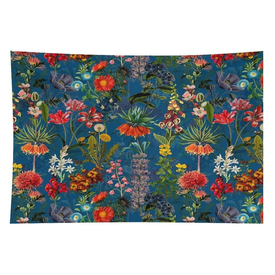 Vintage Blue Springflower Meadow Botanical Night Garden Tapestry