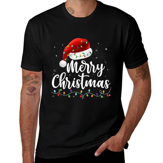 Merry Christmas Lights Red Santa Hat Xmas Family Men Women  Tagless Design T-Shirt
