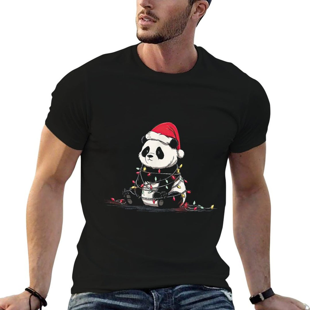 Funny Panda Christmas Graphics Animal Lights Lover  Fade-proof Color T-Shirt