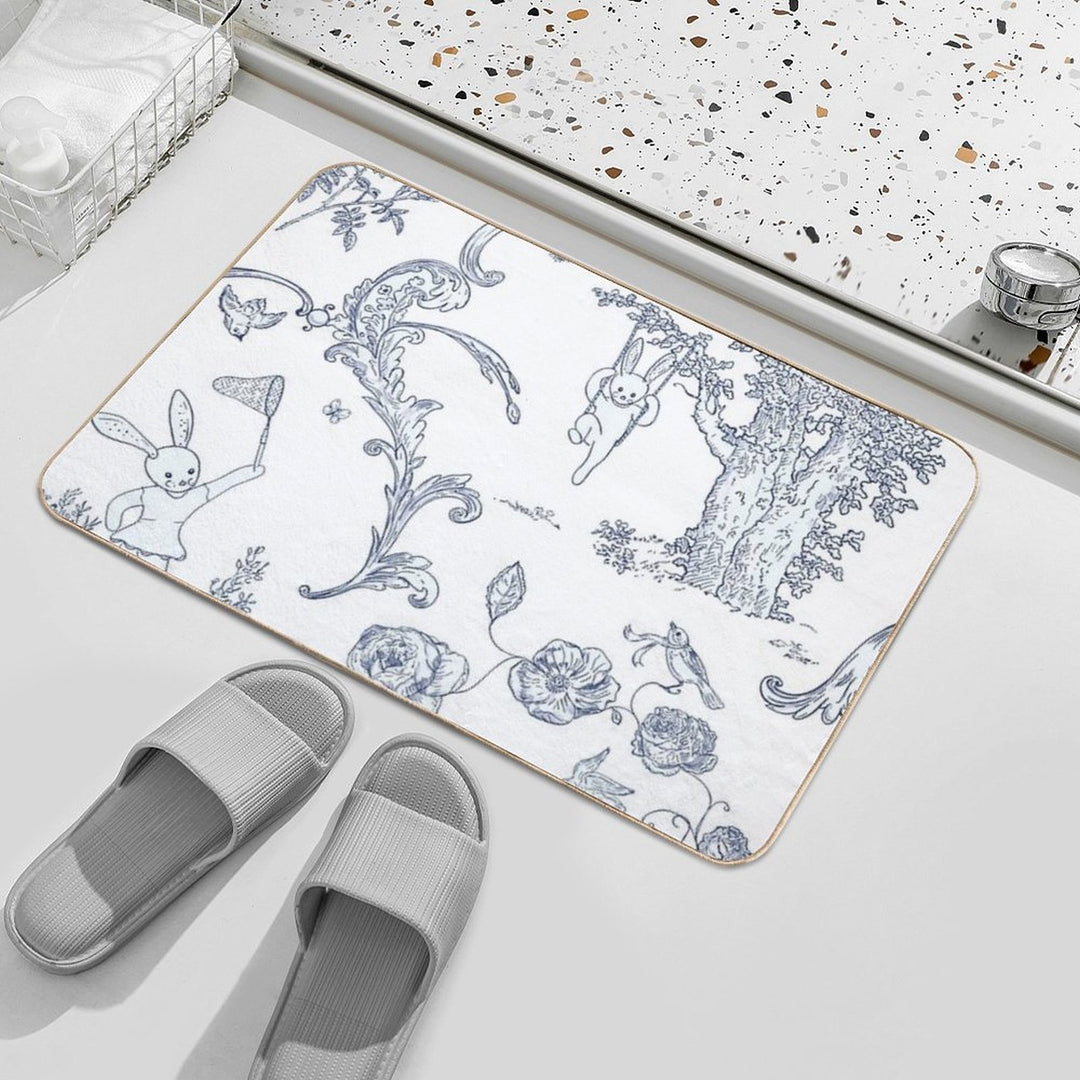 Blue Bunny Toile   Blue Toile   Blue Bunny Toile  Blue Toile Print  Easy Maintenance Bath Mat