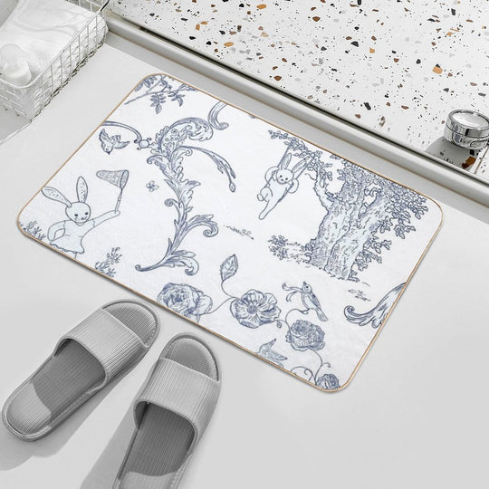 Blue Bunny Toile   Blue Toile   Blue Bunny Toile  Blue Toile Print  Easy Maintenance Bath Mat
