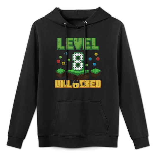 Level 8 Unlocked Pixel Gamer 8th Birthday Gaming Boys Kids Durable Construction Hoodie