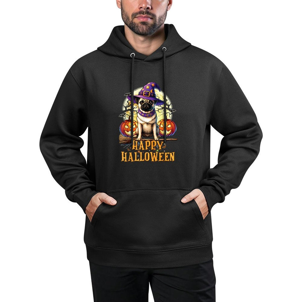 Dog Lovers Cute Pug Celebrating Witch Hat Funny Halloween Breathable Fabric Hoodie