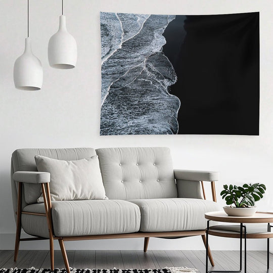 Minimalist Waves And Black Sand Beach in Iceland - Landscape Photography Tapestry