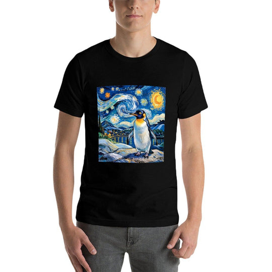 Penguin Starry Night Funny Penguin Art Van Gogh Style  Heathered Texture T-Shirt