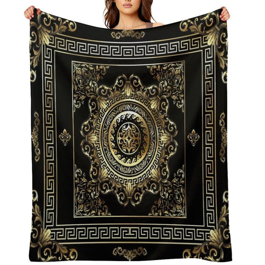 Ornate Baroque Black And Gold Greek Key Border Sustainable Throw Blanket