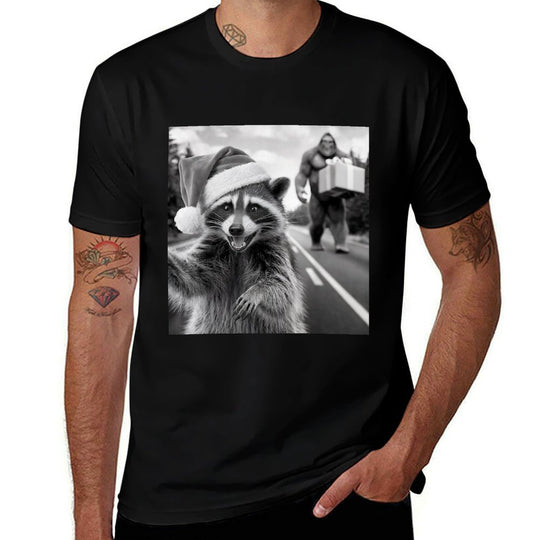 Funny Christmas Raccoon Raccoon Selfie With Bigfoot  Ribbed Collar T-Shirt