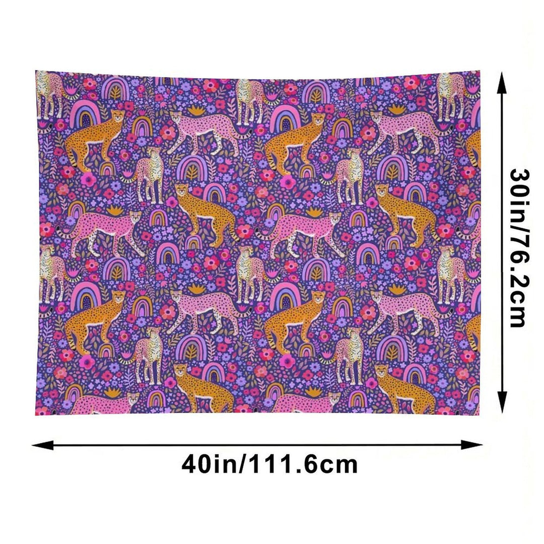 Cheetahs in A Rainbow Garden on Navy Blue Tapestry