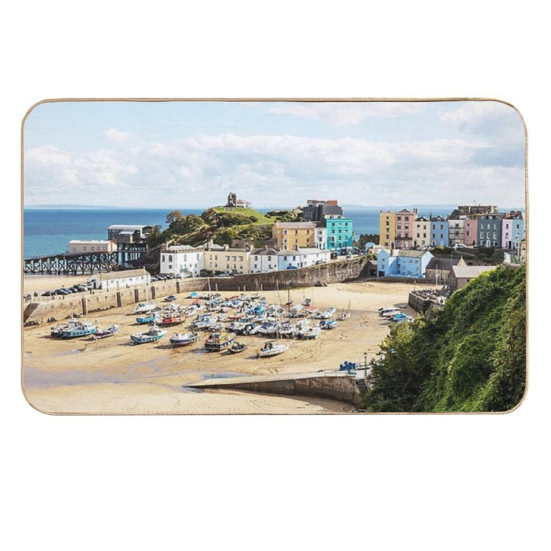 Pastel Houses, Tenby, Wales  Fade-Resistant Bath Mat