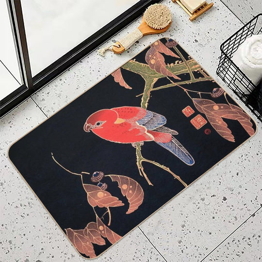 Ito Jakuchu - Red Parrot on The Branch of A Tree  Absorbent Bath Mat