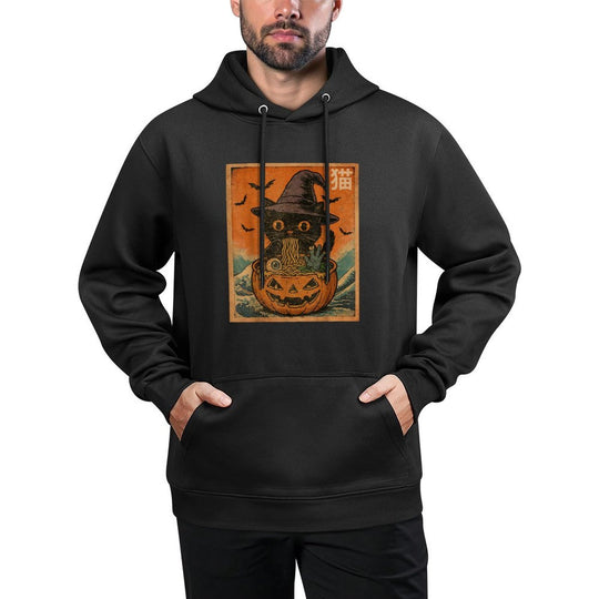 Spooky Black Cat Eating Ramen Japanese Halloween Women Girl Relaxed Fit Hoodie