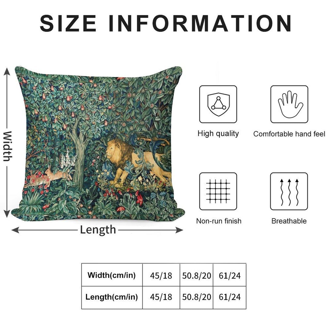 GREENERY, FOREST ANIMALS Lion And Hares Blue Green Floral Tapestry Soft Warmth Comfort Throw Pillow
