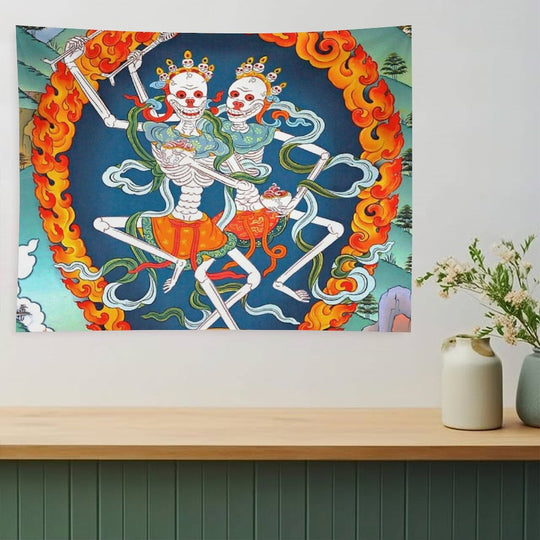 Citipati Tibetan Buddhist Thangka - Dancing Skeletons - Poster Tapestry