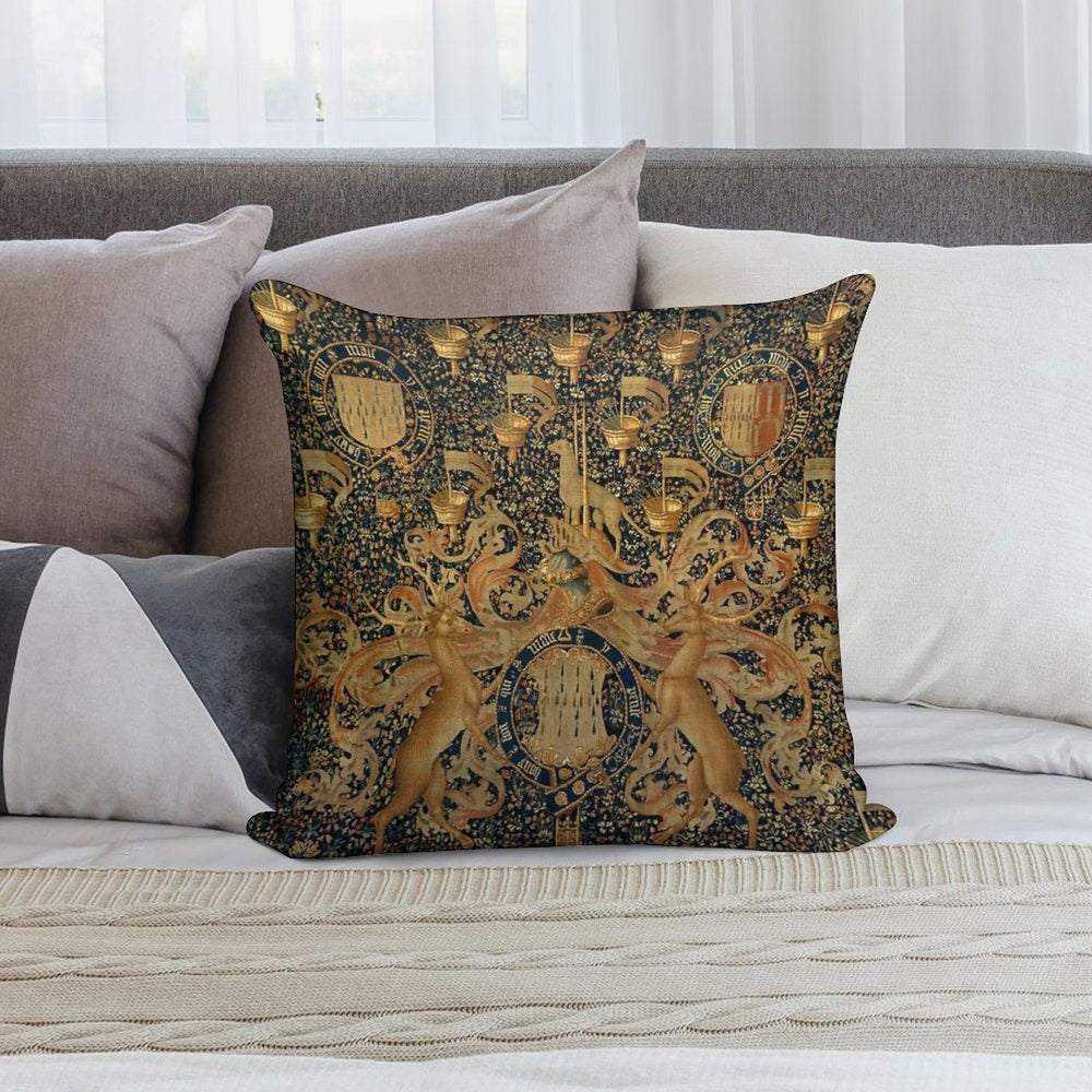 Gold Navy Blue Antique Heraldic Tapestry with Harts,Armorial Bearings Badges of John Soft Home Decor Throw Pillow